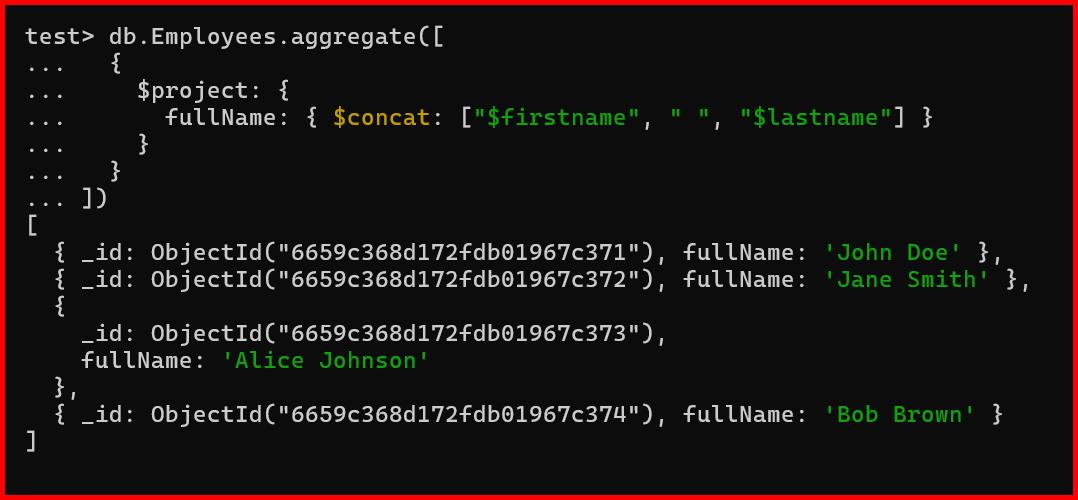 Picture showing the output of $concat aggregation operator in mongodb